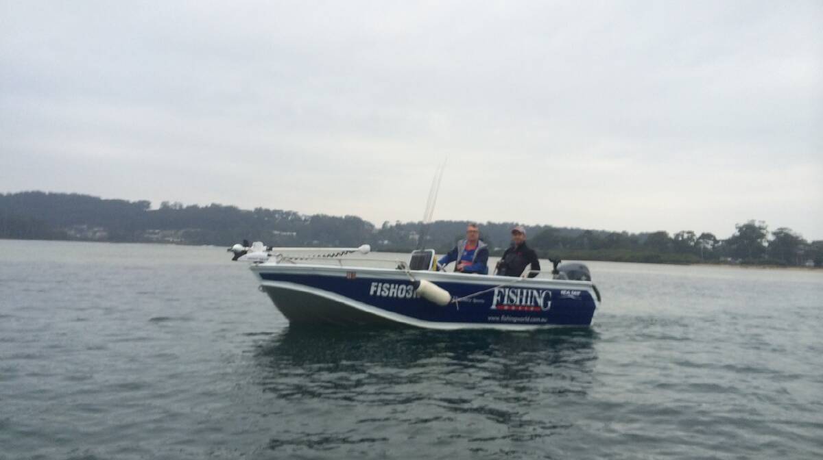 DAY 1 START: The boats gather on Forsters Bay for the start of Day 1 of the Narooma Flathead Classic. Here Sam Omari and Jim Harnwell from Team Fishing World.