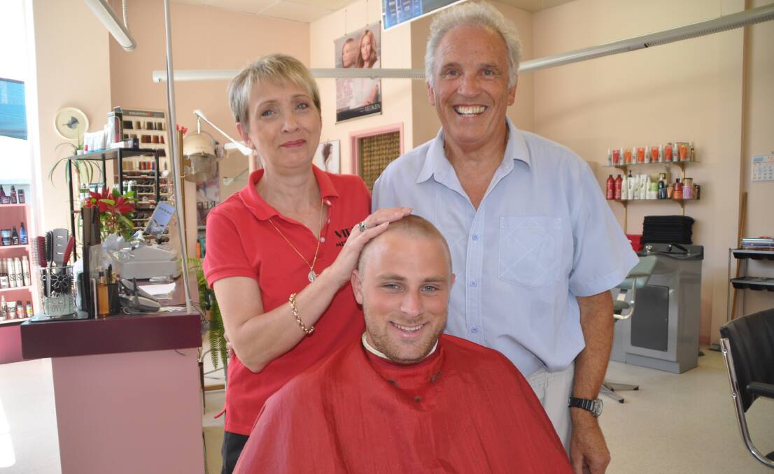 Mum, Barb Aggenbach isn't quite so happy with the new cut  (but we bet she's still proud of her son) seen with Peter Fox who did the job and Charles Aggenbach. 
