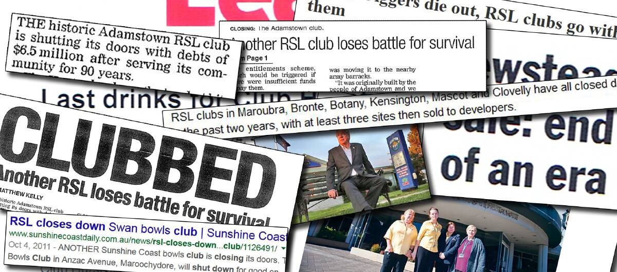 A collage of newspaper headlines about licensed clubs around NSW that are in trouble. 