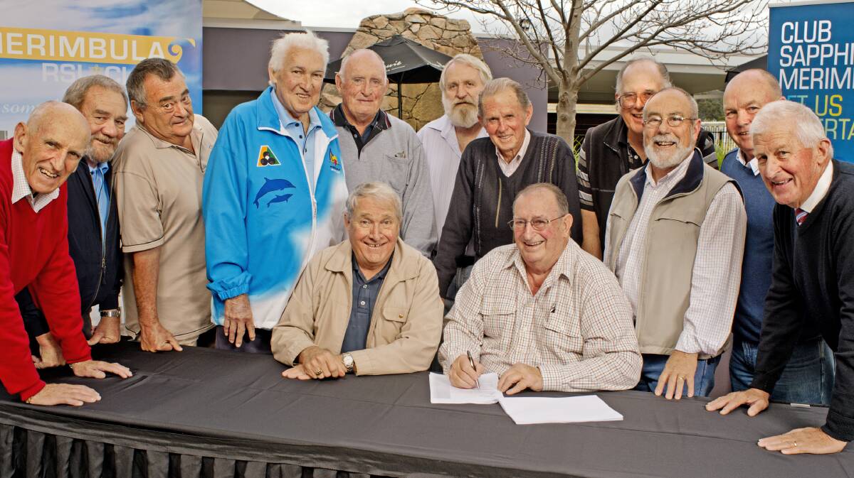 Merimbula RSL Board president Graeme Williams and Merimbula-Imlay Bowling Club chairman Gerry Hammond, seated, with fellow board members. Back from left, John Crawford, Peter Moore, Gary Telford, Terry Killen, John Finn, Allan Browning, Brian Kennedy, David Rankin, Phil Cheek, Ian Martin and Ron Christie. The two boards signed an agreement to move forward with amalgamation on Monday.