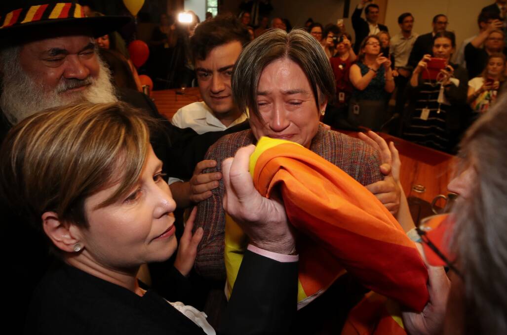 Historic moment: Senator Penny Wong after the result in the same sex marriage survey at Parliament House in Canberra on Wednesday. Photo: Andrew Meares