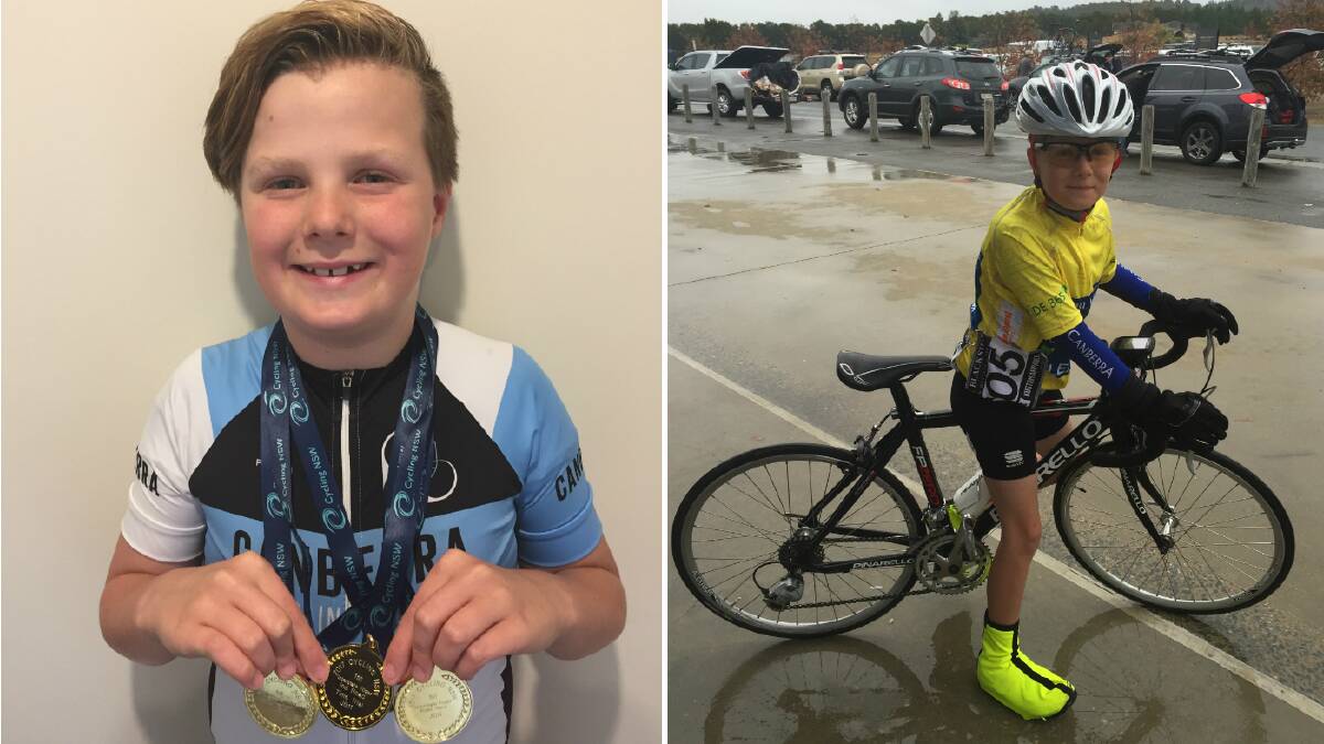 Merimbula cyclist Hayden Stevens shows off the three gold medals he won at the 2017 NSW Junior Road championships in Wagga over the weekend.