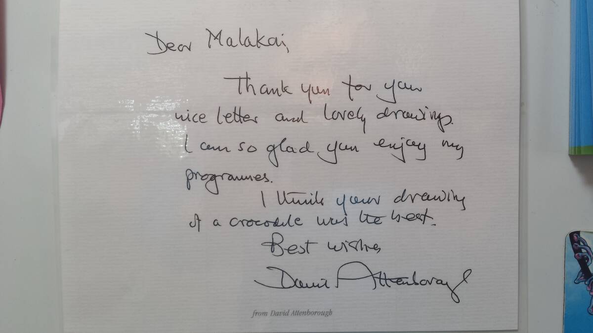 Malakai's framed letter from Sir David Attenborough. 