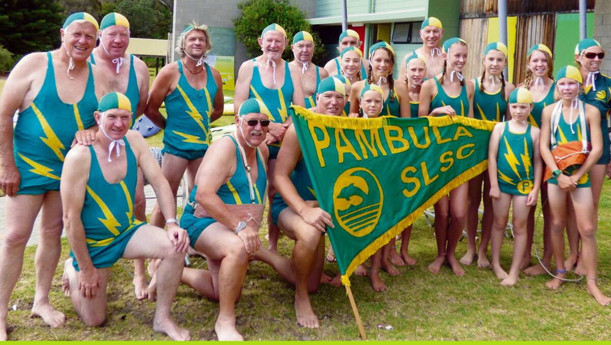 • Past and present Pambula Surf Life Saving Club members proudly don the traditional Pambula costume prior to their march.